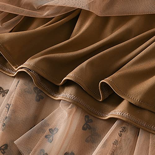 Dirholl Women's A-Line Fairy Patterned Elastic Waist Ruffle Tulle Layered Midi Skirt Bowknot Khaki - Image 4
