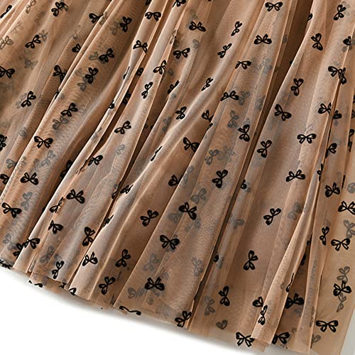 Dirholl Women's A-Line Fairy Patterned Elastic Waist Ruffle Tulle Layered Midi Skirt Bowknot Khaki - Image 5
