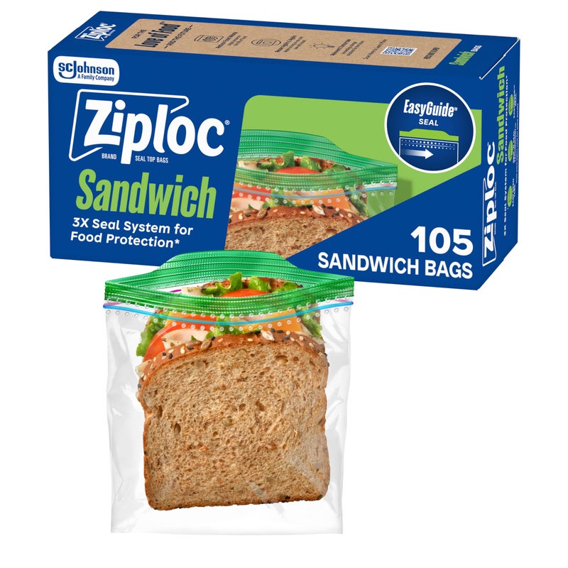 Ziploc أكياس ساندويتش ووجبات خفيفة من زيبلوك مع تقنية إغلاق سهلة 105 كيس إجمالي - Image 1