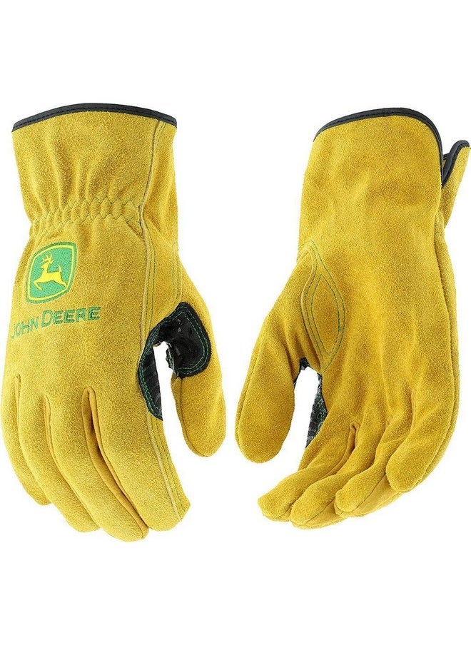 John Deere John Deere JD00004 Leather Gloves - X Large Size Split Cowhide Work Gloves with Shirred Elastic Wrist. Hand Protection Wear, Yellow, 2 Count (Pack of 1) 