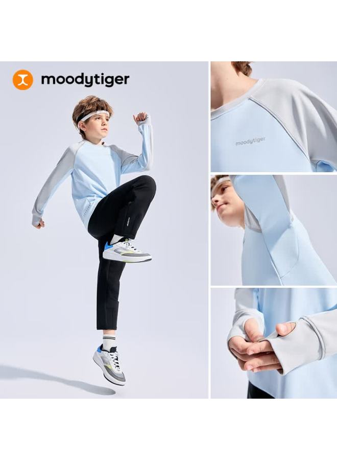 Moodytiger Boys' Long-sleeve T-shirt, Sweat-wicking And Sun-protective, Spring And Autumn Style, Children's Top, Color-block Splicing, Round Neck, Outdoor Casual Sportswear