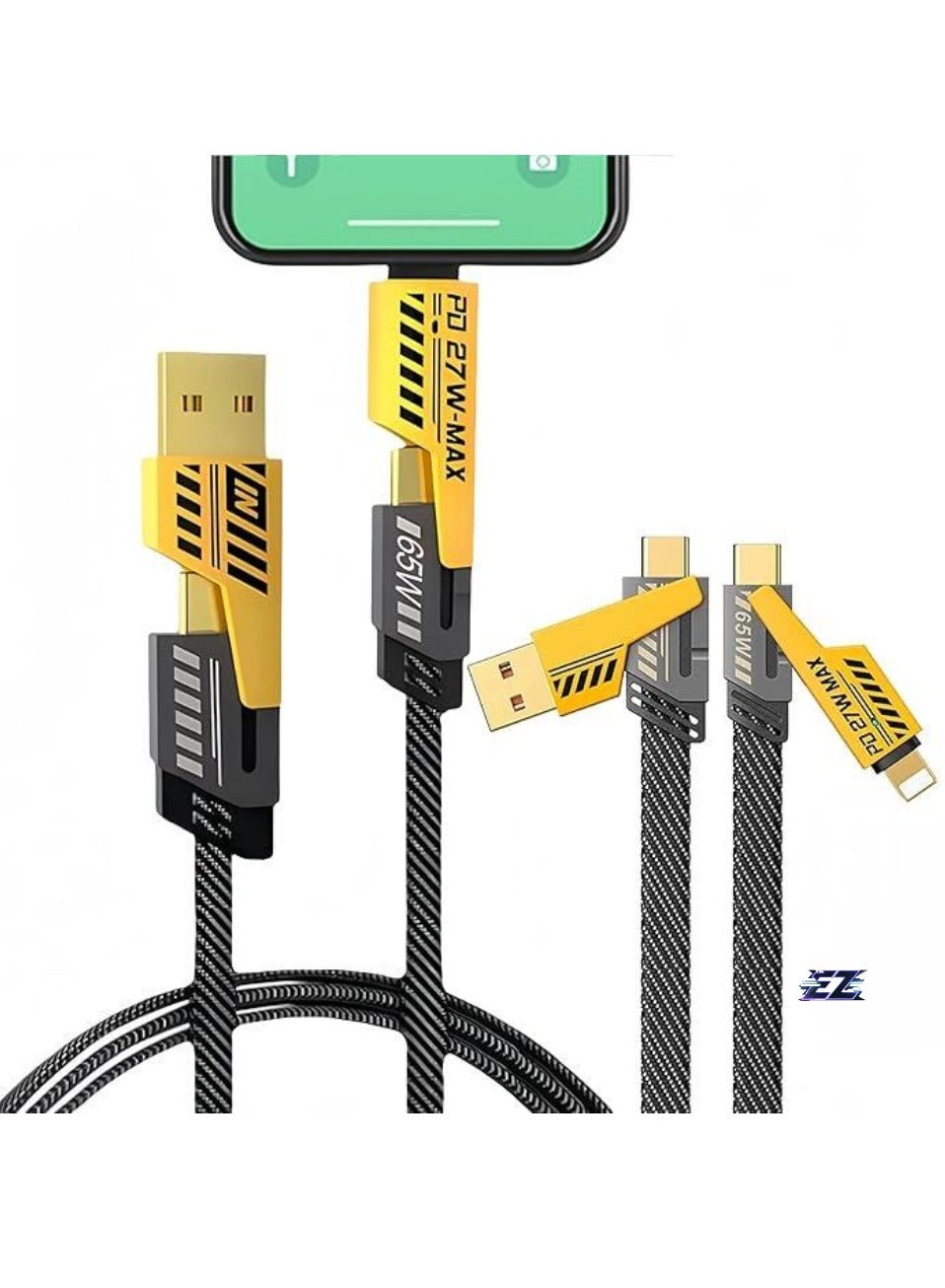 ELTRAZONE Original Super-Fast Charging Cable | 65W 480 Mbps 4-in-1 USB A/Type C to/Type C | 2m Tangle-Free Braided Cable | Multiport for iPhones, iPads, Android Devices