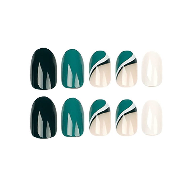 RikView Medium Press on Nails French Fake Nails Green Nails Almond Acrylic Nails White Nails - Image 2