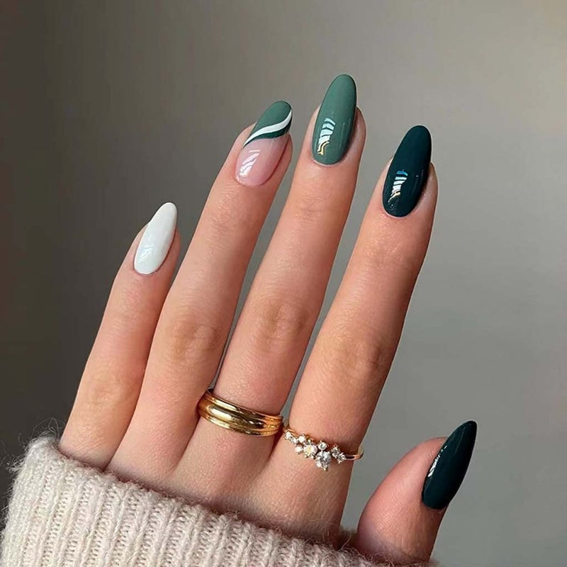 RikView Medium Press on Nails French Fake Nails Green Nails Almond Acrylic Nails White Nails - Image 1