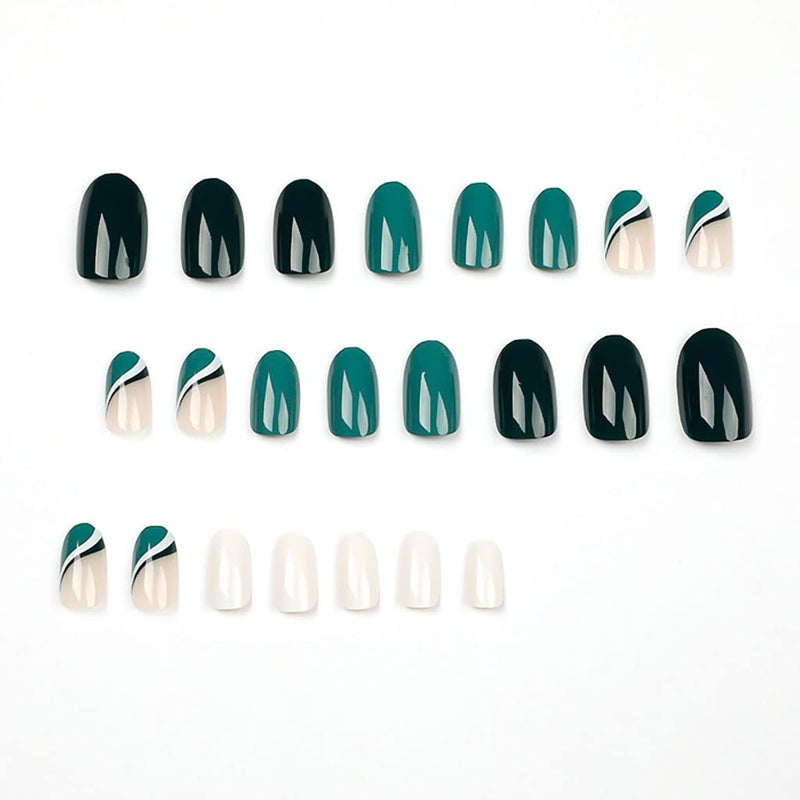 RikView Medium Press on Nails French Fake Nails Green Nails Almond Acrylic Nails White Nails - Image 3