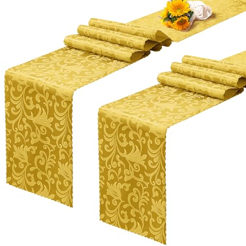 RUDONG M 2 Pack Gold Satin Table Runners 12 x 108 Inch, Long Silky Damask Table Runner Decor, Bright Smooth Jacquard Dining Table Runners for Weddings, Banquet, Parties Dinner Decoration - Image 1