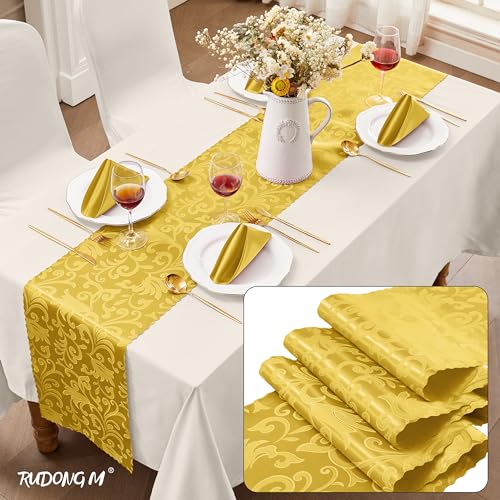 RUDONG M 2 Pack Gold Satin Table Runners 12 x 108 Inch, Long Silky Damask Table Runner Decor, Bright Smooth Jacquard Dining Table Runners for Weddings, Banquet, Parties Dinner Decoration - Image 2