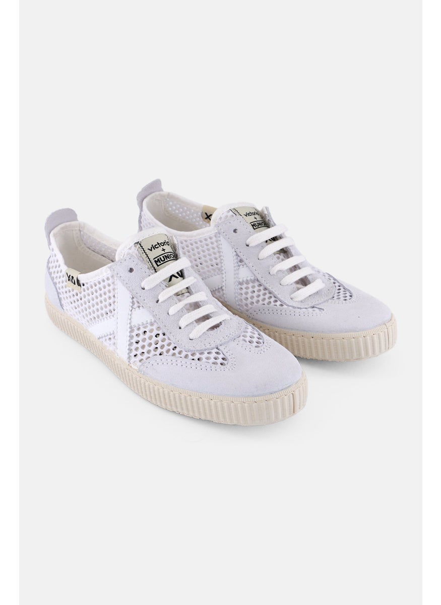 Victoria - Women Lace Up Micro Suede Casual Shoes, White - Image 1