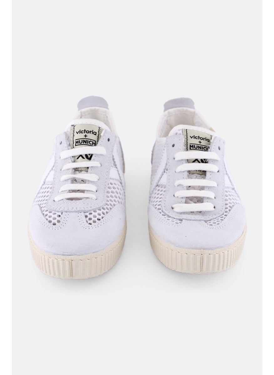 Victoria - Women Lace Up Micro Suede Casual Shoes, White - Image 1