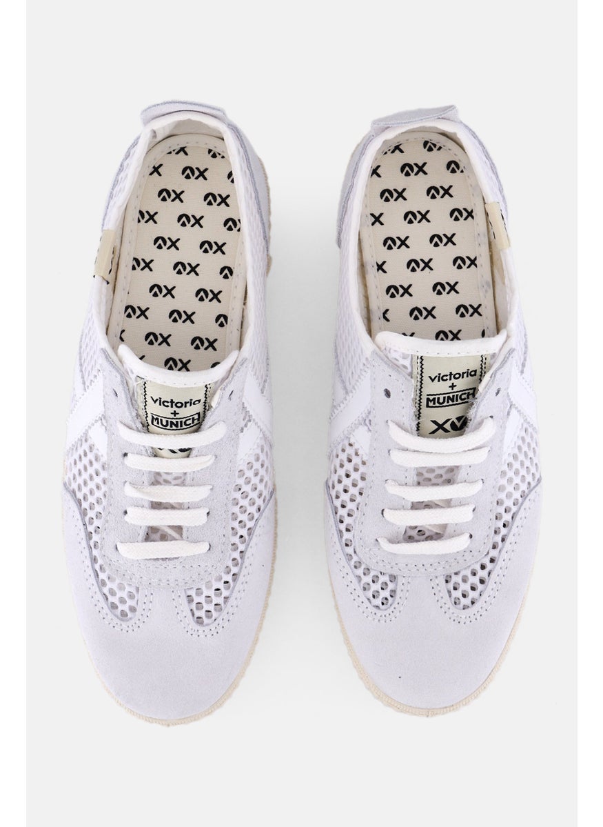 Victoria - Women Lace Up Micro Suede Casual Shoes, White - Image 1