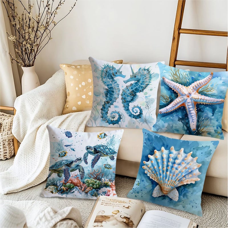 A Set Of 4 Charming And Beautiful Pillowcases With Seahorse Starfish Patterns Sea Turtle Coral Designs Shell Seaweed Elements Throw Pillow Covers 24x24 Inch Zipper Closure Machine Washable - Image 5