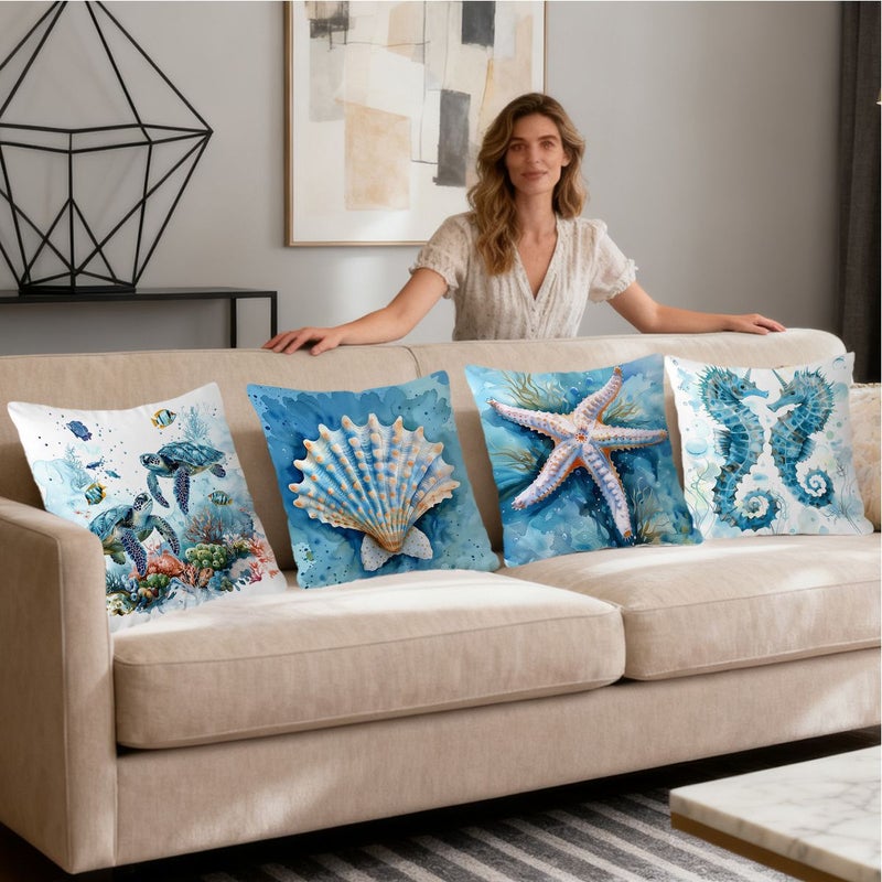 A Set Of 4 Charming And Beautiful Pillowcases With Seahorse Starfish Patterns Sea Turtle Coral Designs Shell Seaweed Elements Throw Pillow Covers 24x24 Inch Zipper Closure Machine Washable - Image 3