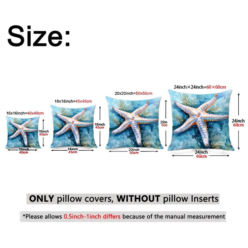 A Set Of 4 Charming And Beautiful Pillowcases With Seahorse Starfish Patterns Sea Turtle Coral Designs Shell Seaweed Elements Throw Pillow Covers 24x24 Inch Zipper Closure Machine Washable - Image 4