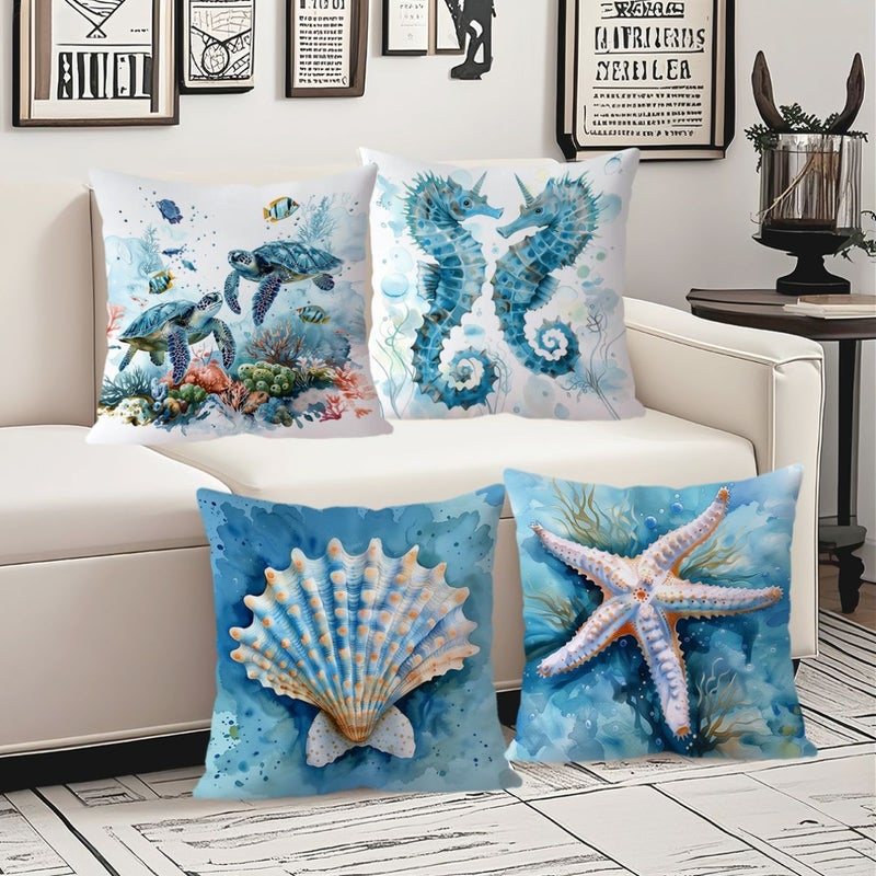 A Set Of 4 Charming And Beautiful Pillowcases With Seahorse Starfish Patterns Sea Turtle Coral Designs Shell Seaweed Elements Throw Pillow Covers 24x24 Inch Zipper Closure Machine Washable - Image 2