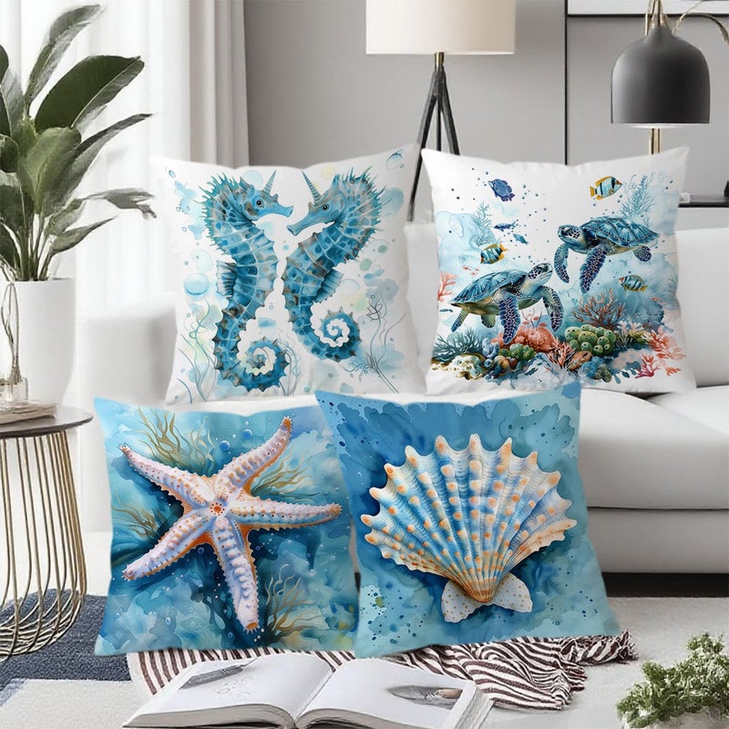 A Set Of 4 Charming And Beautiful Pillowcases With Seahorse Starfish Patterns Sea Turtle Coral Designs Shell Seaweed Elements Throw Pillow Covers 24x24 Inch Zipper Closure Machine Washable - Image 1