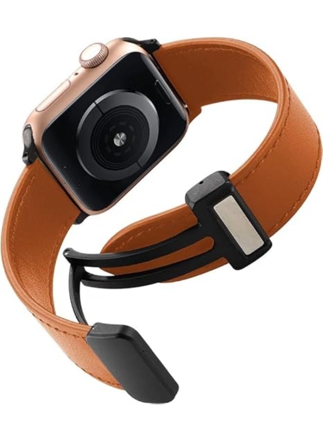 Magnetic Leather Band Compatible with Apple Watch Ultra/Ultra 2 49mm 45mm 44mm 42mm, Genuine Leather Magnetic Clasp Strap for iWatch Ultra SE 2 Series 8 7 6 5 4 3 2 1 for Men Women - Light brown - Image 3