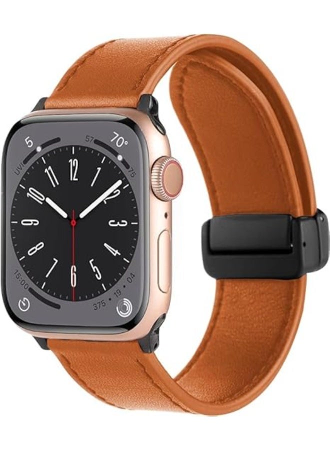 Magnetic Leather Band Compatible with Apple Watch Ultra/Ultra 2 49mm 45mm 44mm 42mm, Genuine Leather Magnetic Clasp Strap for iWatch Ultra SE 2 Series 8 7 6 5 4 3 2 1 for Men Women - Light brown - Image 5