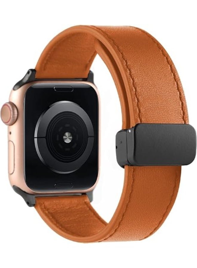 Magnetic Leather Band Compatible with Apple Watch Ultra/Ultra 2 49mm 45mm 44mm 42mm, Genuine Leather Magnetic Clasp Strap for iWatch Ultra SE 2 Series 8 7 6 5 4 3 2 1 for Men Women - Light brown - Image 1