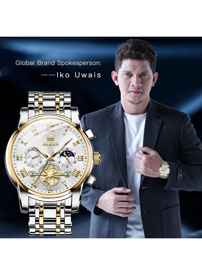 OLEVS Watches for Men Chronograph Business White Wrist Watches Analog Quartz Moon Phase Stainless Steel Waterproof Luminous Dress Watches - Image 2