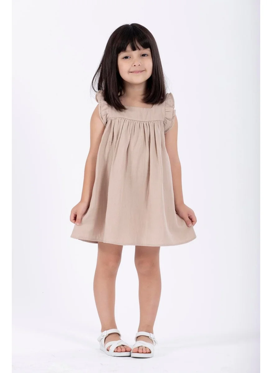 Zepkids Crew Neck Ruffle Sleeves Ruffle Shoulders Beige Color Girl Dress