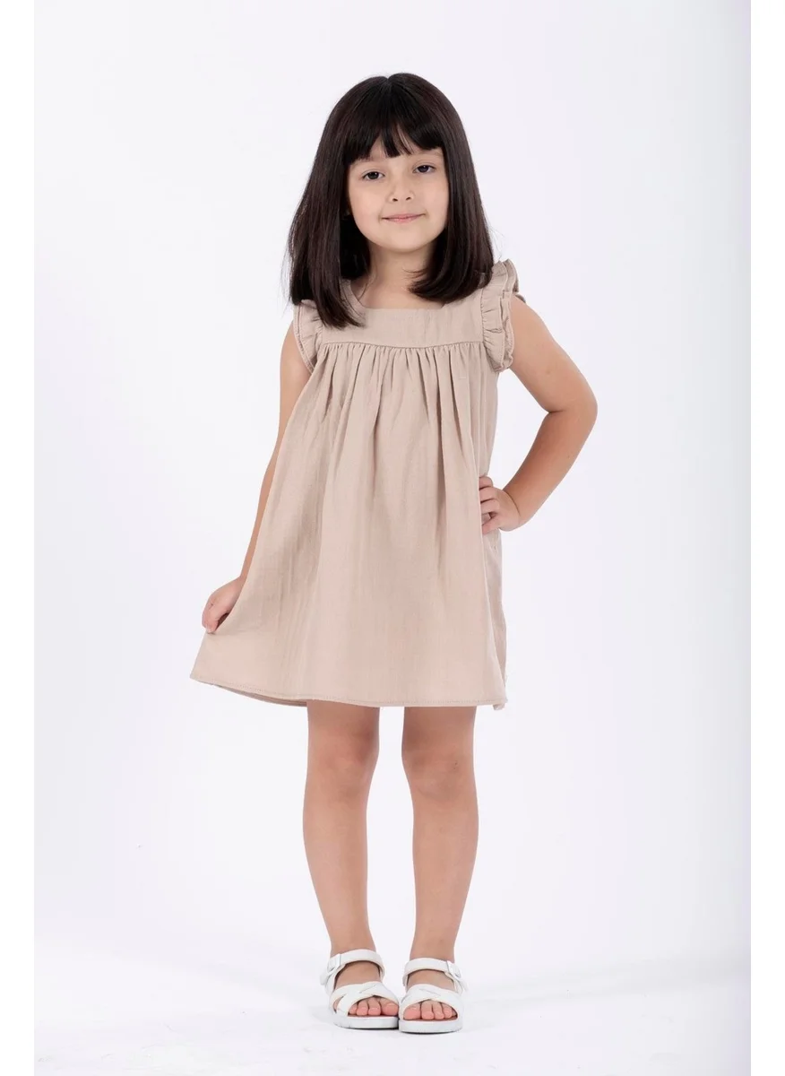Zepkids Crew Neck Ruffle Sleeves Ruffle Shoulders Beige Color Girl Dress