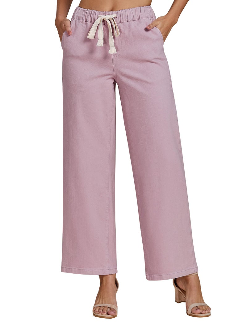 luvamia Wide Leg Jeans Woman High Waisted Trendy Pull On Elastic Waist Drawstring Stretchy Denim Jean Pants with Pockets Pink Pants for Women Bleached Mauve Medium Fits Size 8 Size 10 - Image 1