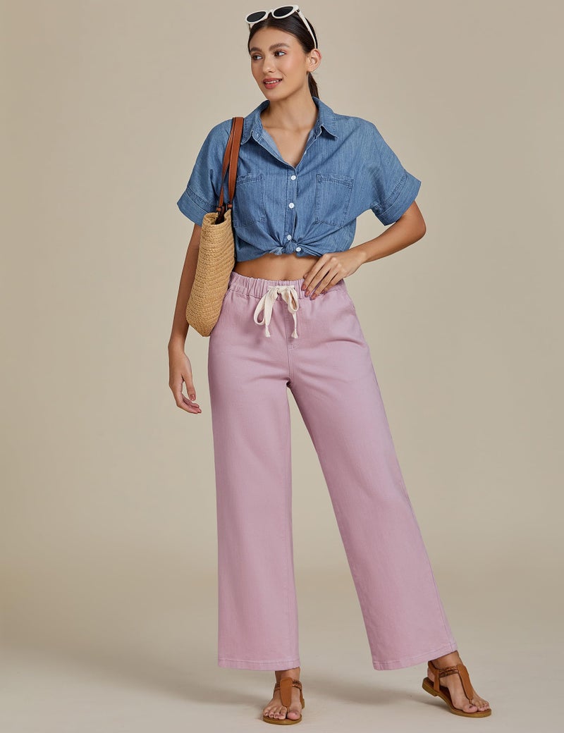 luvamia Wide Leg Jeans Woman High Waisted Trendy Pull On Elastic Waist Drawstring Stretchy Denim Jean Pants with Pockets Pink Pants for Women Bleached Mauve Medium Fits Size 8 Size 10 - Image 4