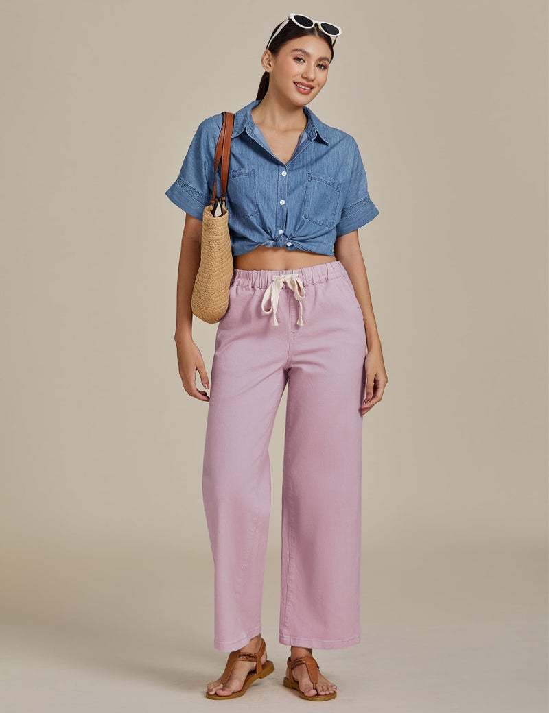 luvamia Wide Leg Jeans Woman High Waisted Trendy Pull On Elastic Waist Drawstring Stretchy Denim Jean Pants with Pockets Pink Pants for Women Bleached Mauve Medium Fits Size 8 Size 10 - Image 3