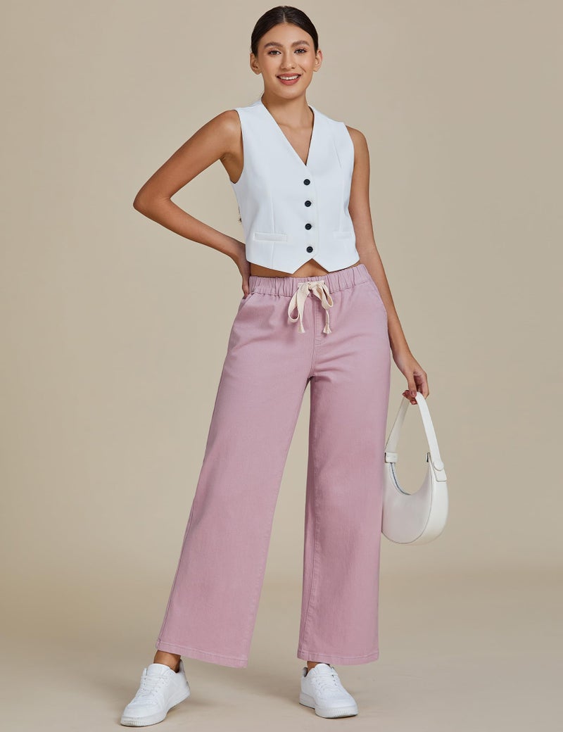 luvamia Wide Leg Jeans Woman High Waisted Trendy Pull On Elastic Waist Drawstring Stretchy Denim Jean Pants with Pockets Pink Pants for Women Bleached Mauve Medium Fits Size 8 Size 10 - Image 2