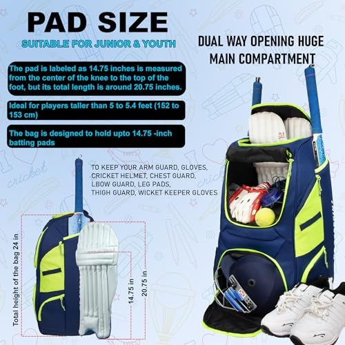 WHACKK Crowe 60L Unisex Navy Cricket Kit Bag Backpack | Youth Size | 2 Bat | Shoe/Helmet Pocket | Main Compartment 14.75" Leg Pad | Bottle Holder | Easy Access Pocket | Player Edition Youth - Image 2