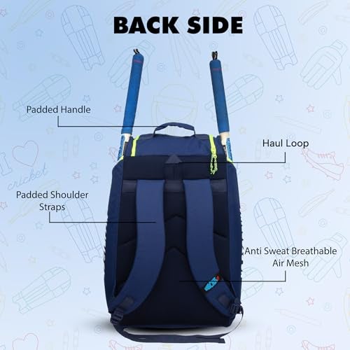 WHACKK Crowe 60L Unisex Navy Cricket Kit Bag Backpack | Youth Size | 2 Bat | Shoe/Helmet Pocket | Main Compartment 14.75" Leg Pad | Bottle Holder | Easy Access Pocket | Player Edition Youth - Image 3