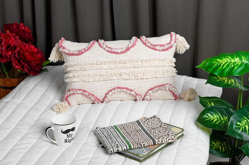 IMPEXART PVT LTD Cotton 12X20 Inches Ivory Base Boho Shaggy Rectangle Geometric Desgin Cushion Cover with Tassel for Decor Couch Sofa Bedroom Living Room Farmhouse Indoor Outdoor - Image 1