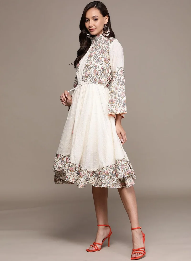 ISHIN  Regular Fit Three-Quarter Sleeve Printed Cream Cotton Woven Dresses For Women Flat Collar Perfect For Wedding And Engagement Pull On Closure for Women | Best Price UAE