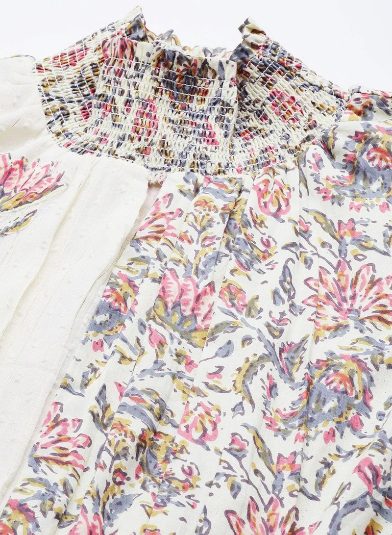 ISHIN Regular Fit Three-Quarter Sleeve Printed Cream Cotton Woven Dresses For Women Flat Collar Perfect For Wedding And Engagement Pull On Closure