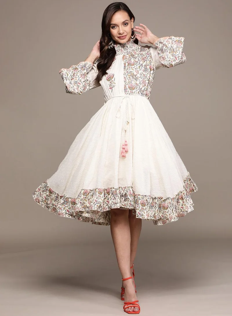 ISHIN  Regular Fit Three-Quarter Sleeve Printed Cream Cotton Woven Dresses For Women Flat Collar Perfect For Wedding And Engagement Pull On Closure for Women | Best Price UAE