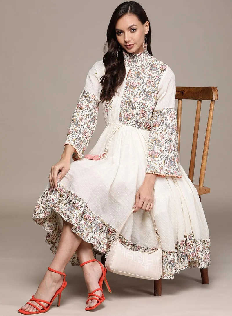 ISHIN Regular Fit Three-Quarter Sleeve Printed Cream Cotton Woven Dresses For Women Flat Collar Perfect For Wedding And Engagement Pull On Closure