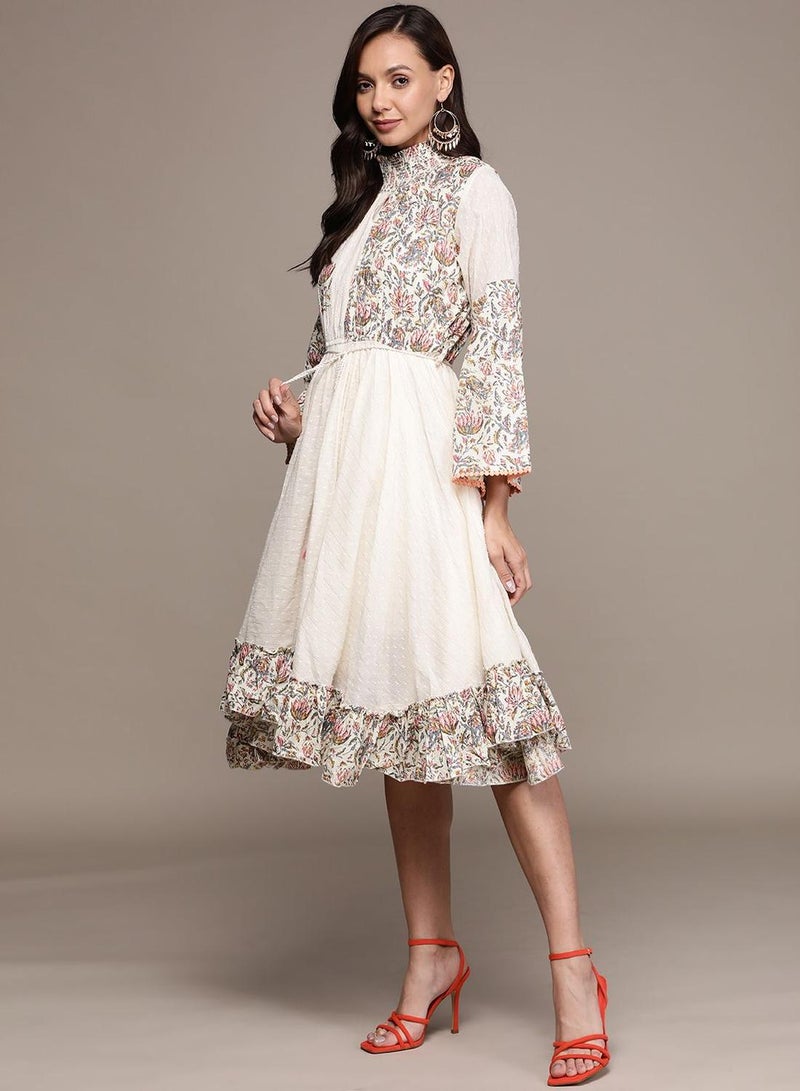 ISHIN Women'S Cream 100% Cotton Embellished Regular Fit Dress - Image 4