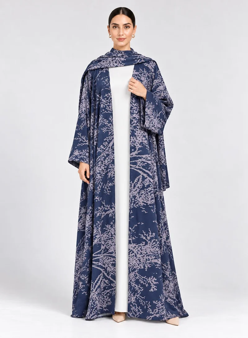 Neuness Women's Full-Length Open-Front Abaya with Abstract Marble Print & Matching Scarf, Navy Blue