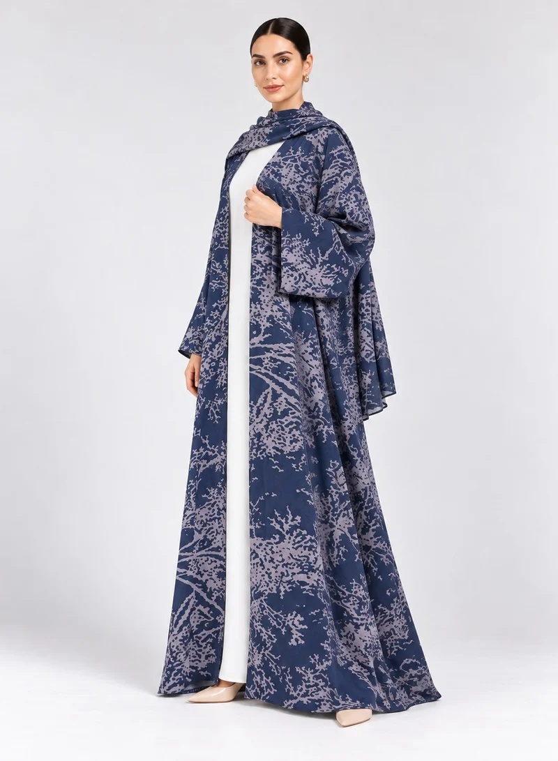 Neuness Women's Full-Length Open-Front Abaya with Abstract Marble Print & Matching Scarf, Navy Blue