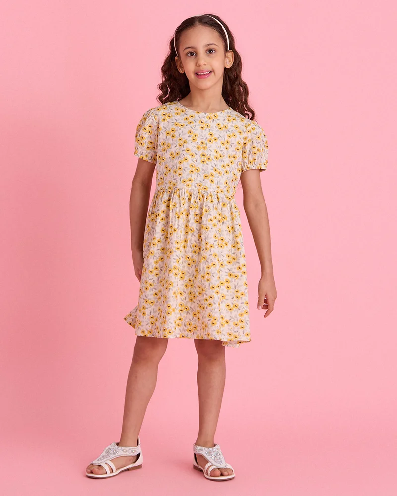Redtag Girls White and Yellow And Floral Dress