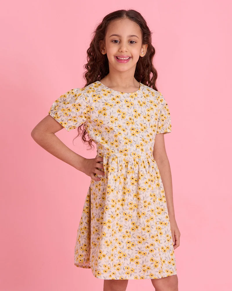 Redtag Girls White and Yellow And Floral Dress