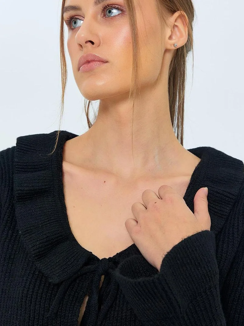 MixRay Mixray Frilly Tie Closure Ribbed Knit Cardigan