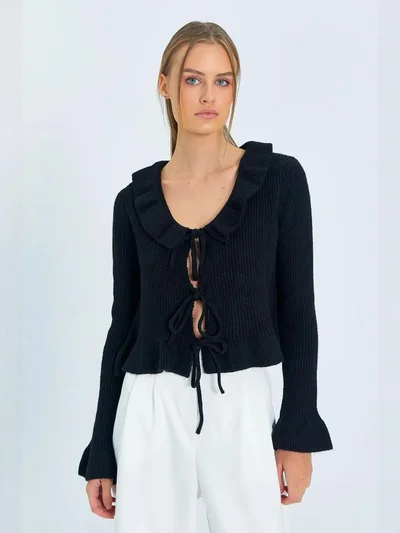 MixRay Mixray Frilly Tie Closure Ribbed Knit Cardigan