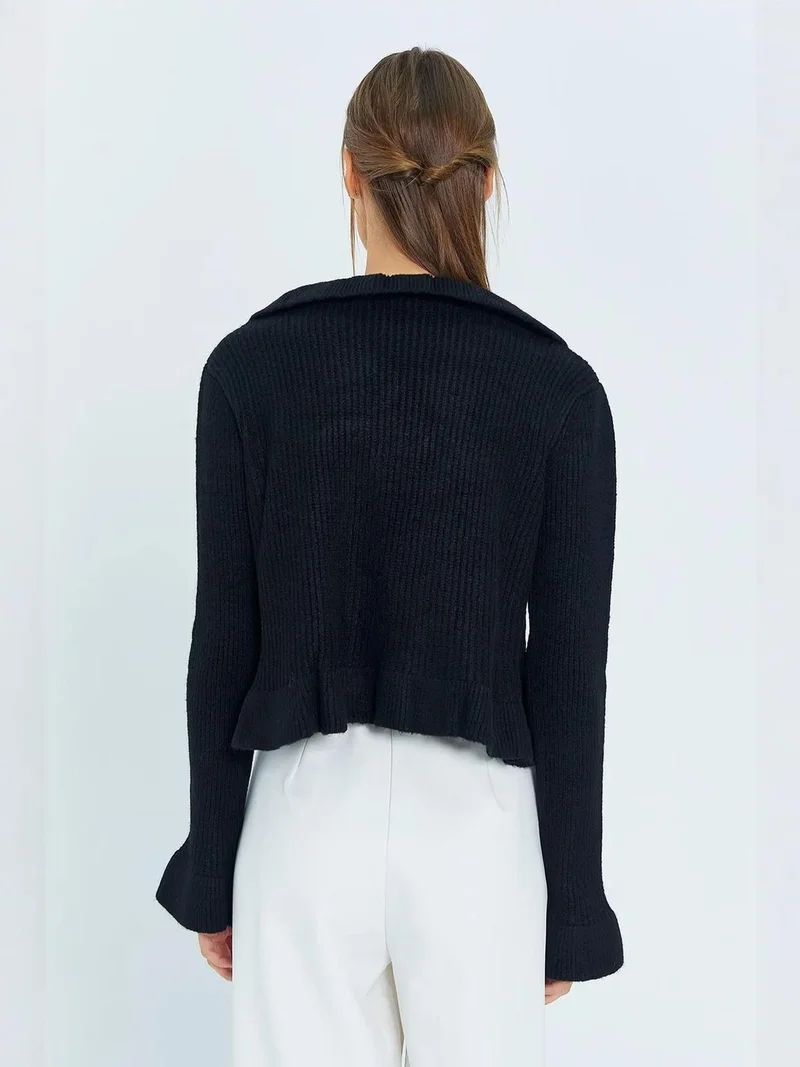 MixRay Mixray Frilly Tie Closure Ribbed Knit Cardigan