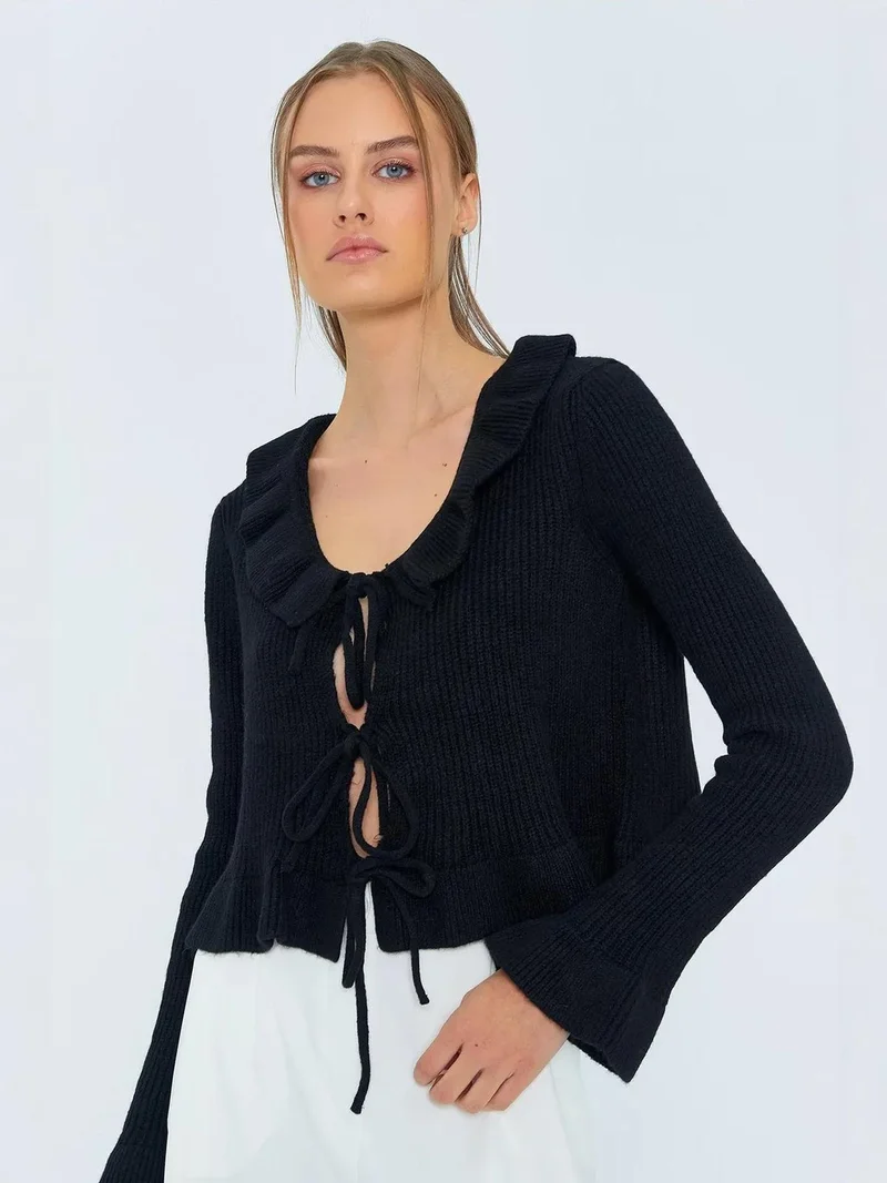 MixRay Mixray Frilly Tie Closure Ribbed Knit Cardigan