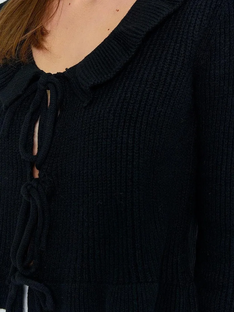 MixRay Mixray Frilly Tie Closure Ribbed Knit Cardigan