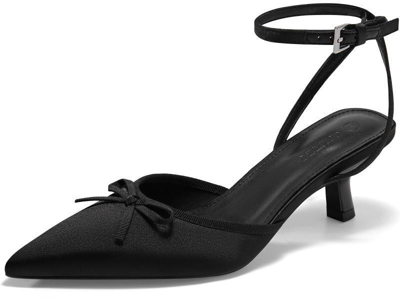 Coutgo Satin Kitten Low Heels with Bow Closed Pointed Toe Short Pumps Dress Wedding Party Shoes Black Size 7