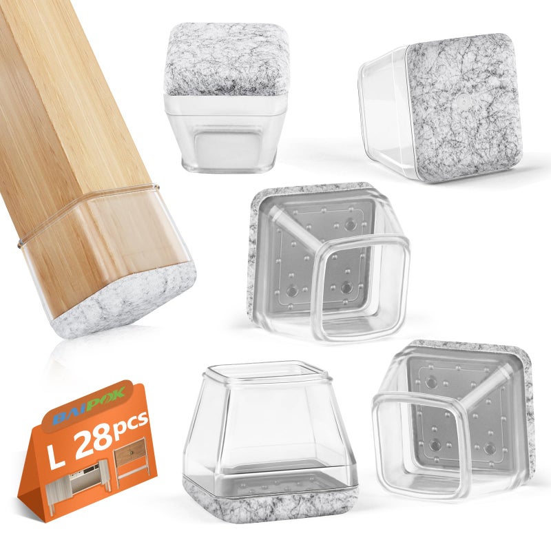 28Pcs Square Chair Leg Floor Protectors with Wrapped Felt Bottom Silicone Chair Leg Protectors for Hardwood Floors Chair Legs Cover Prevents Scratches  Reduce Noise Clear L Fit 114142