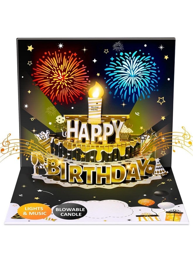Inpher Diy Age Birthday Cards Fireworks Pop Up Cake Light And Music Black And Gold Happy Birthday Card Gift For Husband, Men, Women, Mom, Grandma - Image 1