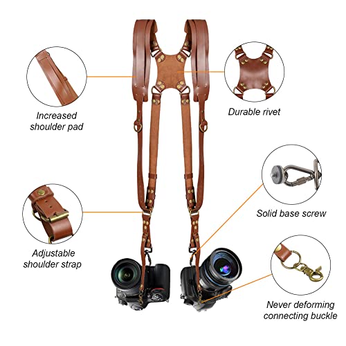 Kasla Camera Strap,Camera Straps for Photographers,Leather Dual Camera Strap for Two DSLR/SLR Cameras (Brown) - Image 2